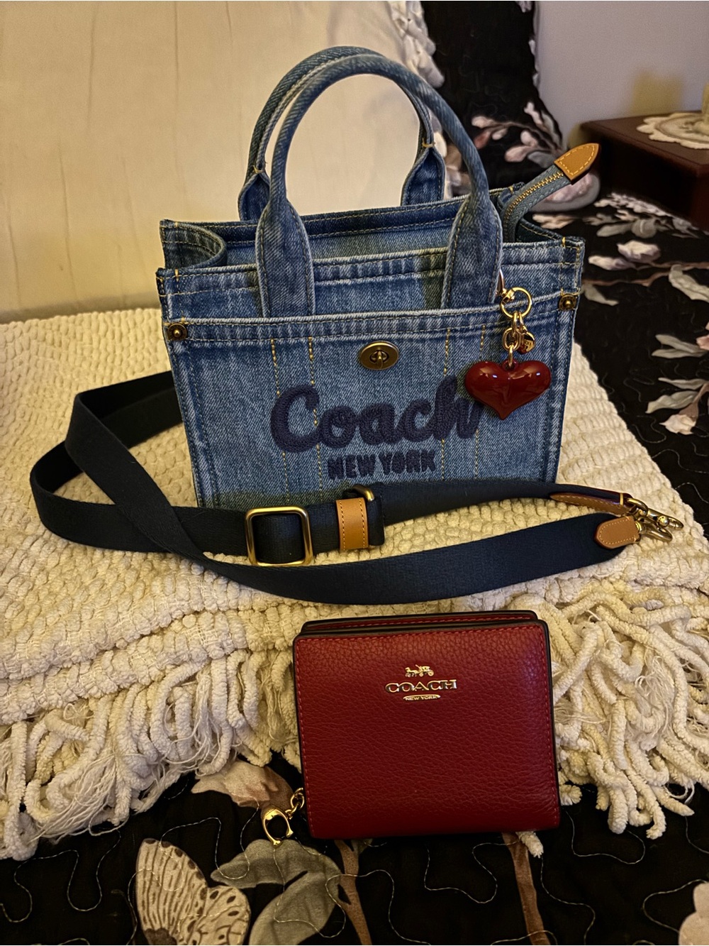 Coach Denim Crossbody Tote with Red Heart Charm and Red Leather Coach Wallet